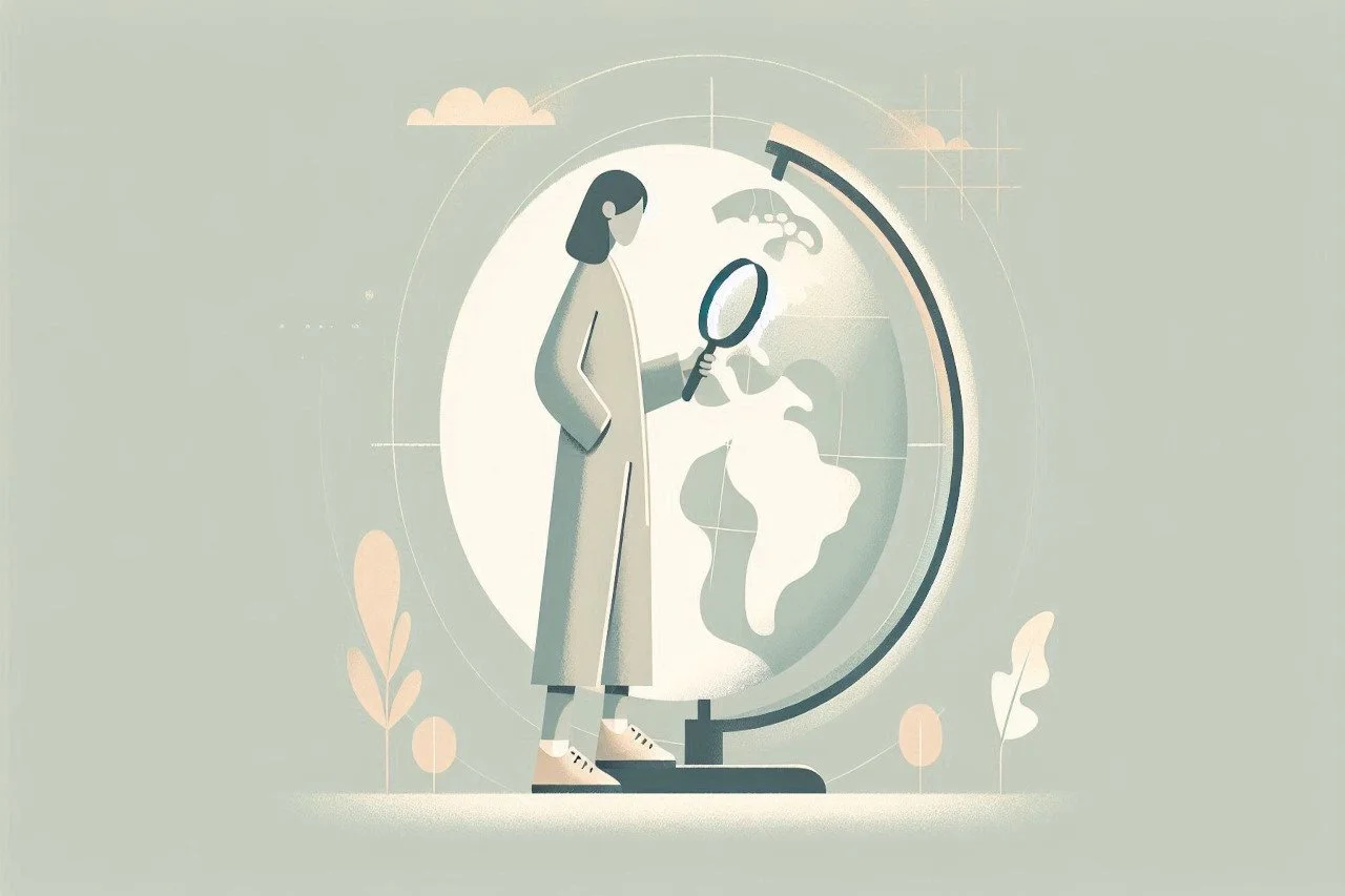 a person in neutral clothing standing on globe