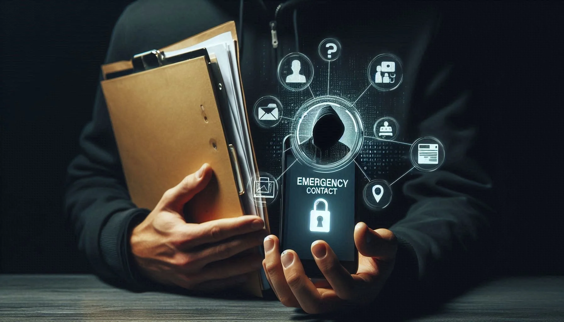 Close-up of a hand holding a document folder and a phone with emergency contact icons faintly visible on screen