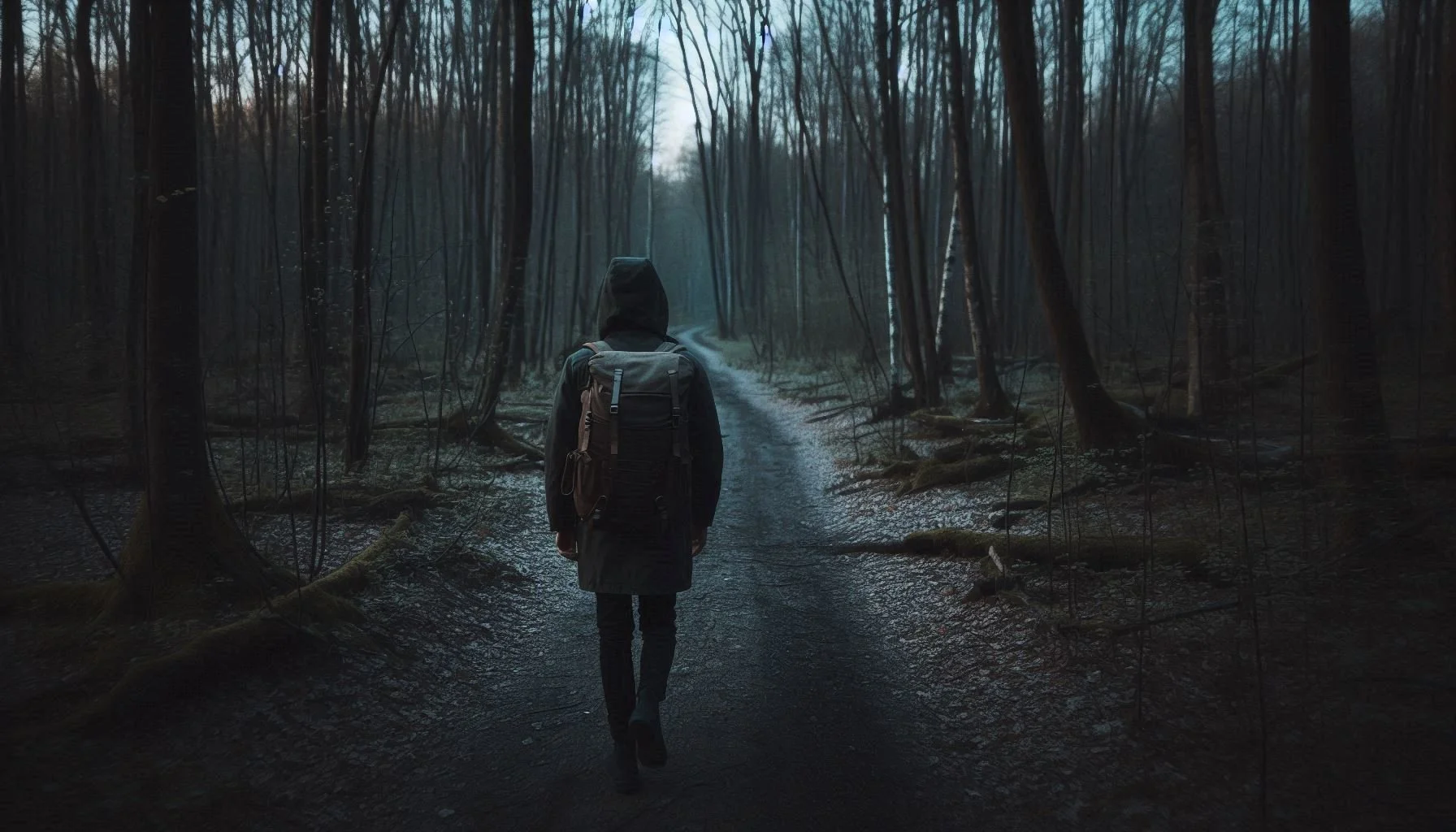 A person walking through a forest trail at dusk, carrying a small backpack. No roads, no people, natural shadows
