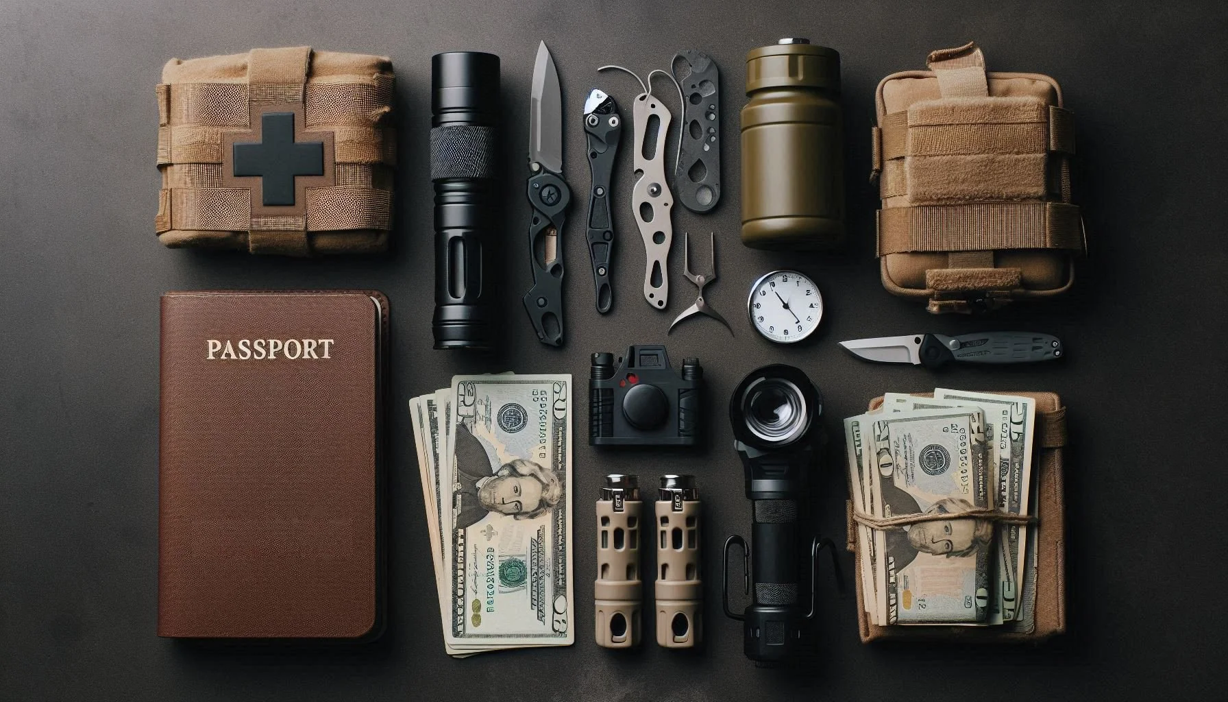 Flat lay of essential bugout items arranged neatly: passport, flashlight, water bottle, multitool, cash, first aid kit