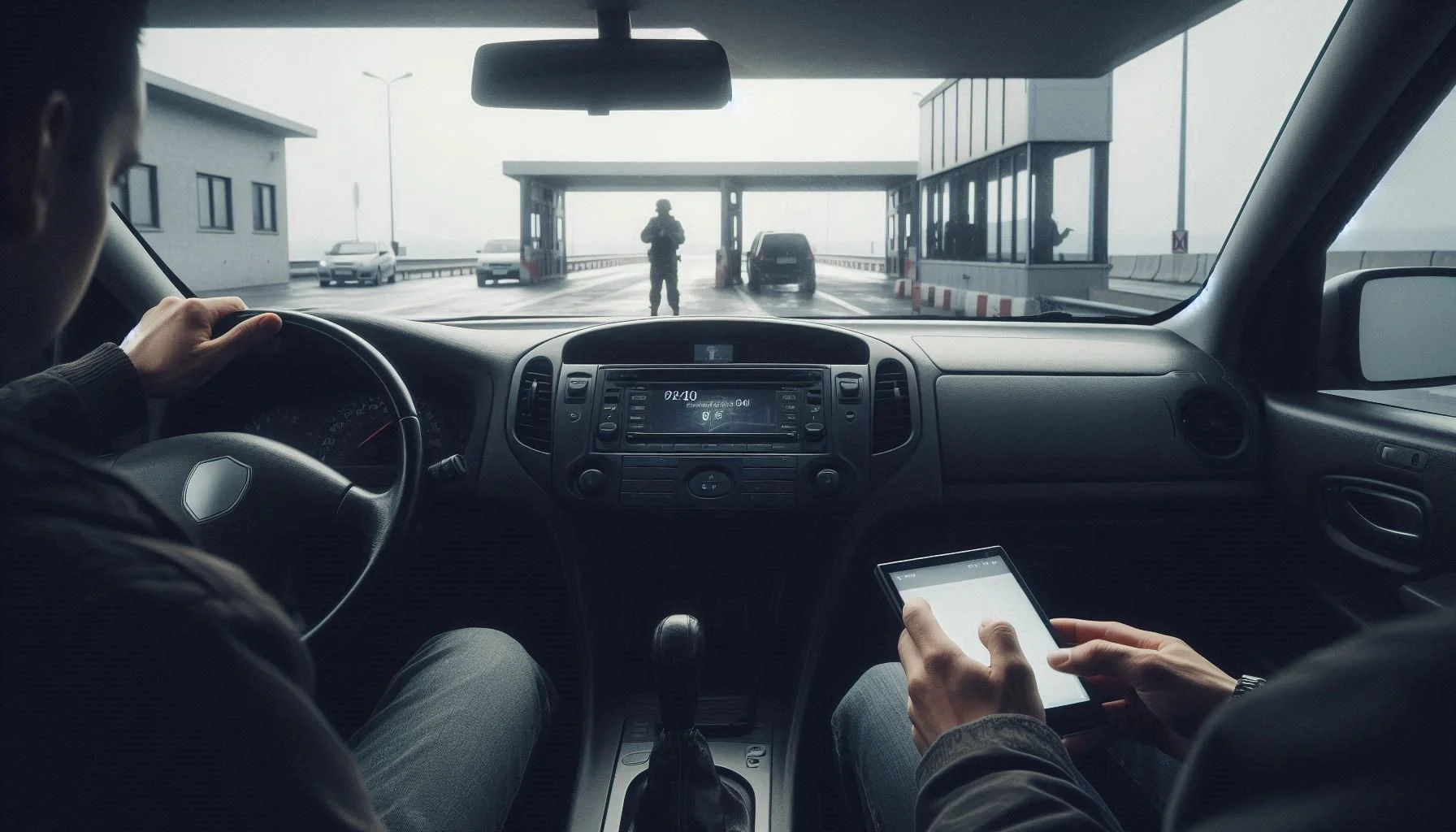 Interior of a car at a checkpoint: hands on steering wheel, clean dashboard, documents visible but not readable