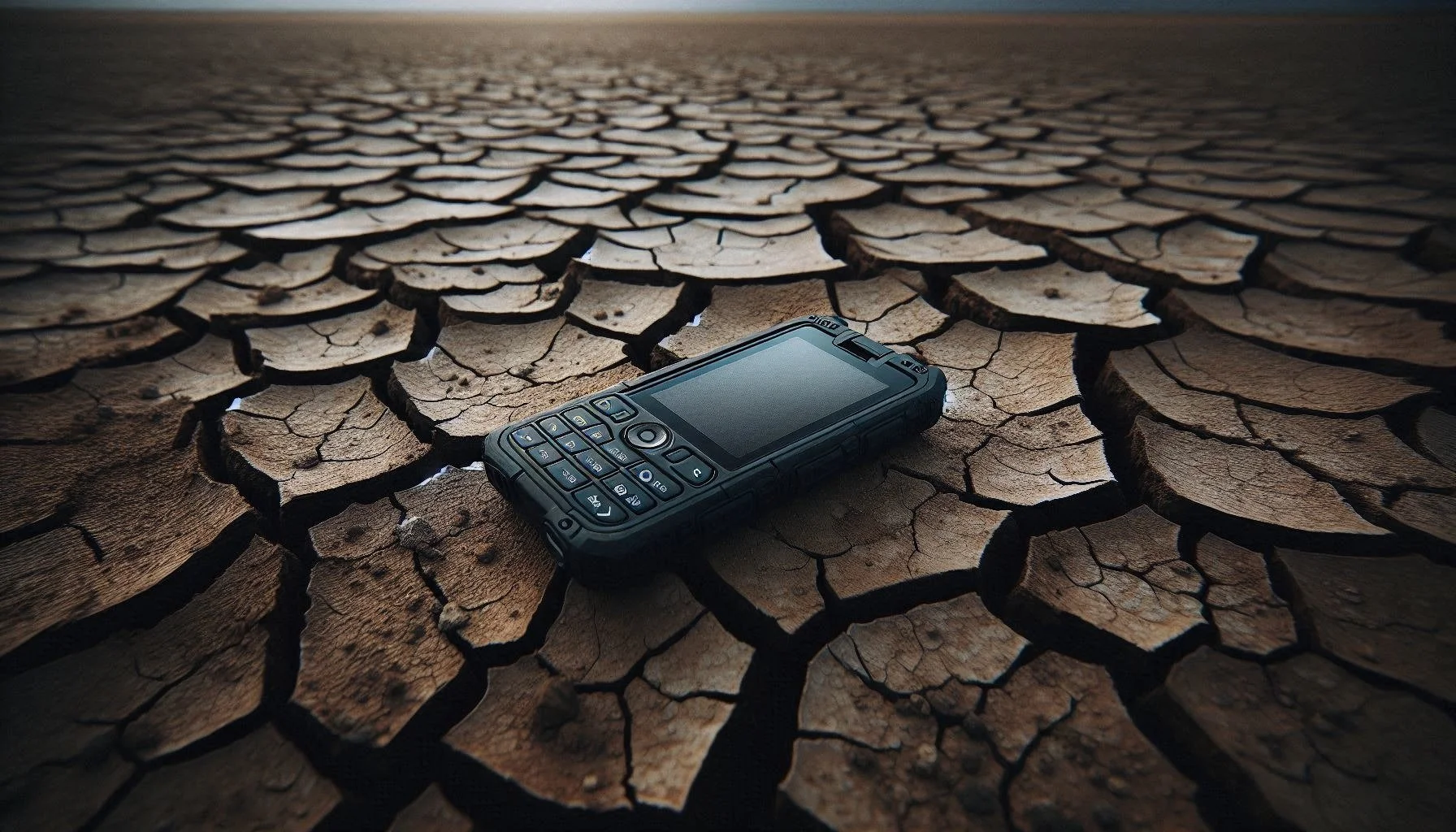 A rugged  phone lying on cracked