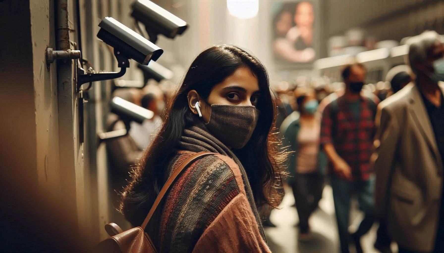 A person in a crowd looking over their shoulder cautiously