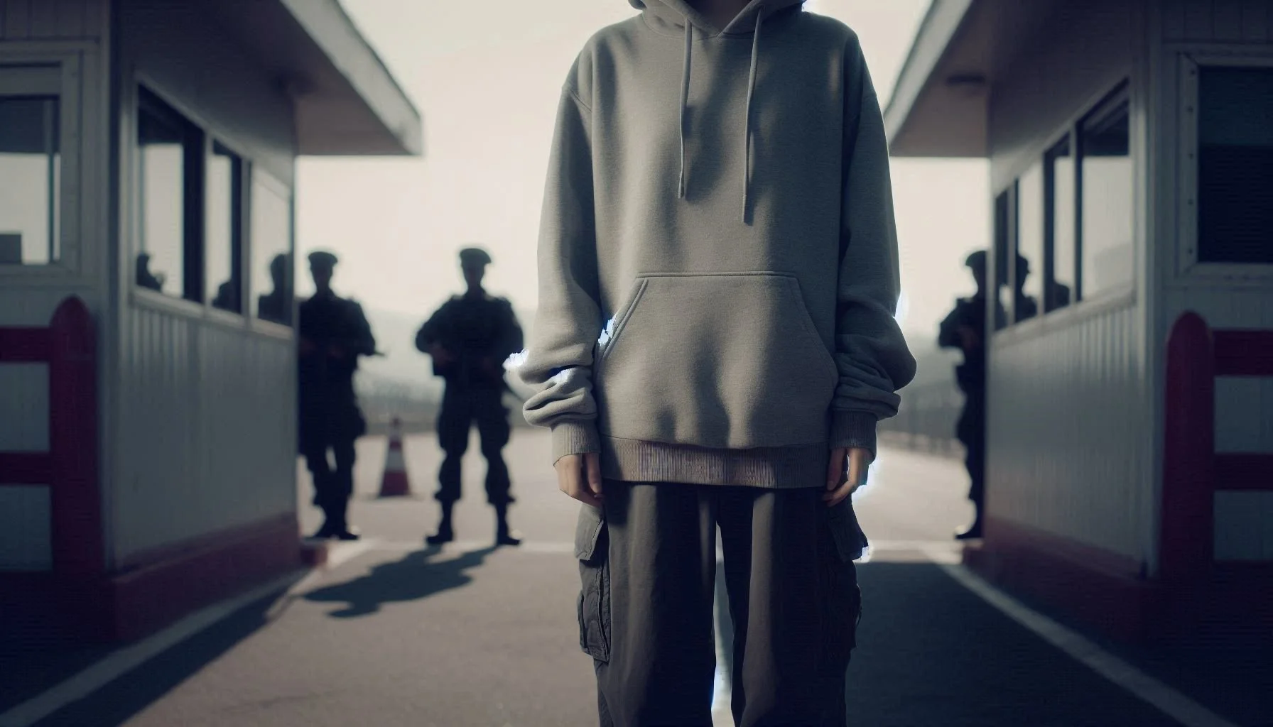 A person standing calmly at a checkpoint, dressed in gray hoodie and dark pants, hands visible, posture relaxed