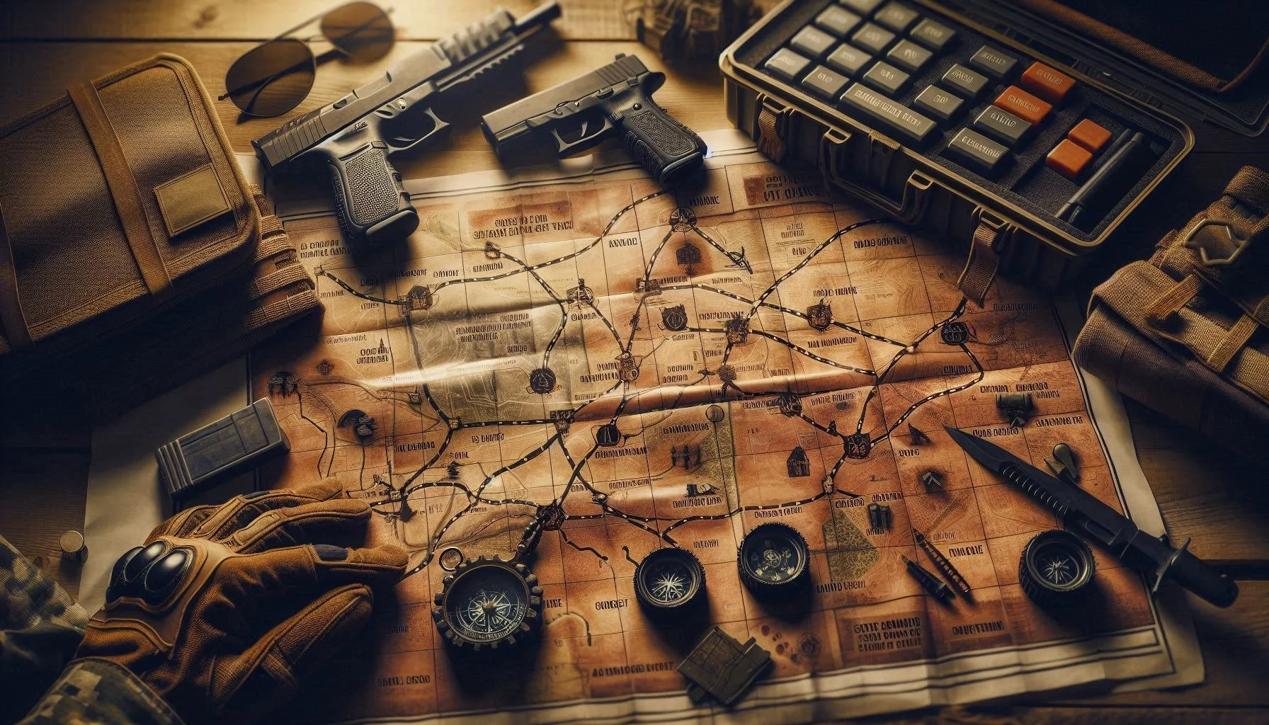 Detailed bugout route map with marked safe zones and danger areas