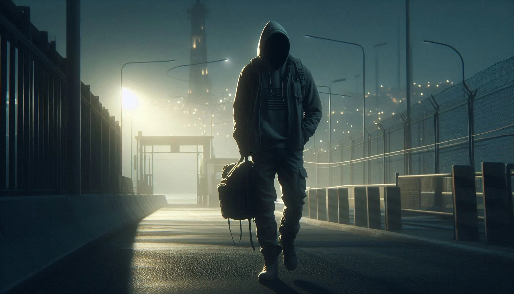 A lone figure in neutral clothing (hoodie, jeans, backpack) walking along a dimly lit urban border checkpoint at night