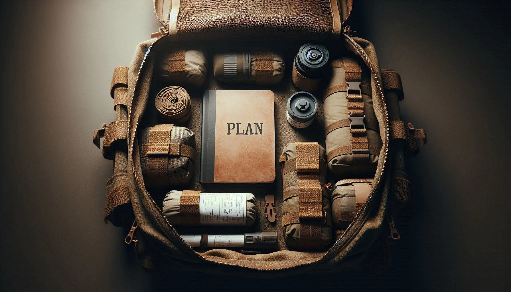 A partially unzipped survival backpack revealing a neatly packed notebook labeled “Plan”