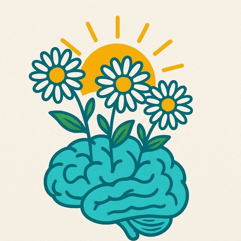 A brain illustrated in blue with green leaves and white daisies growing from it, a yellow sun with rays shining behind the daisies.