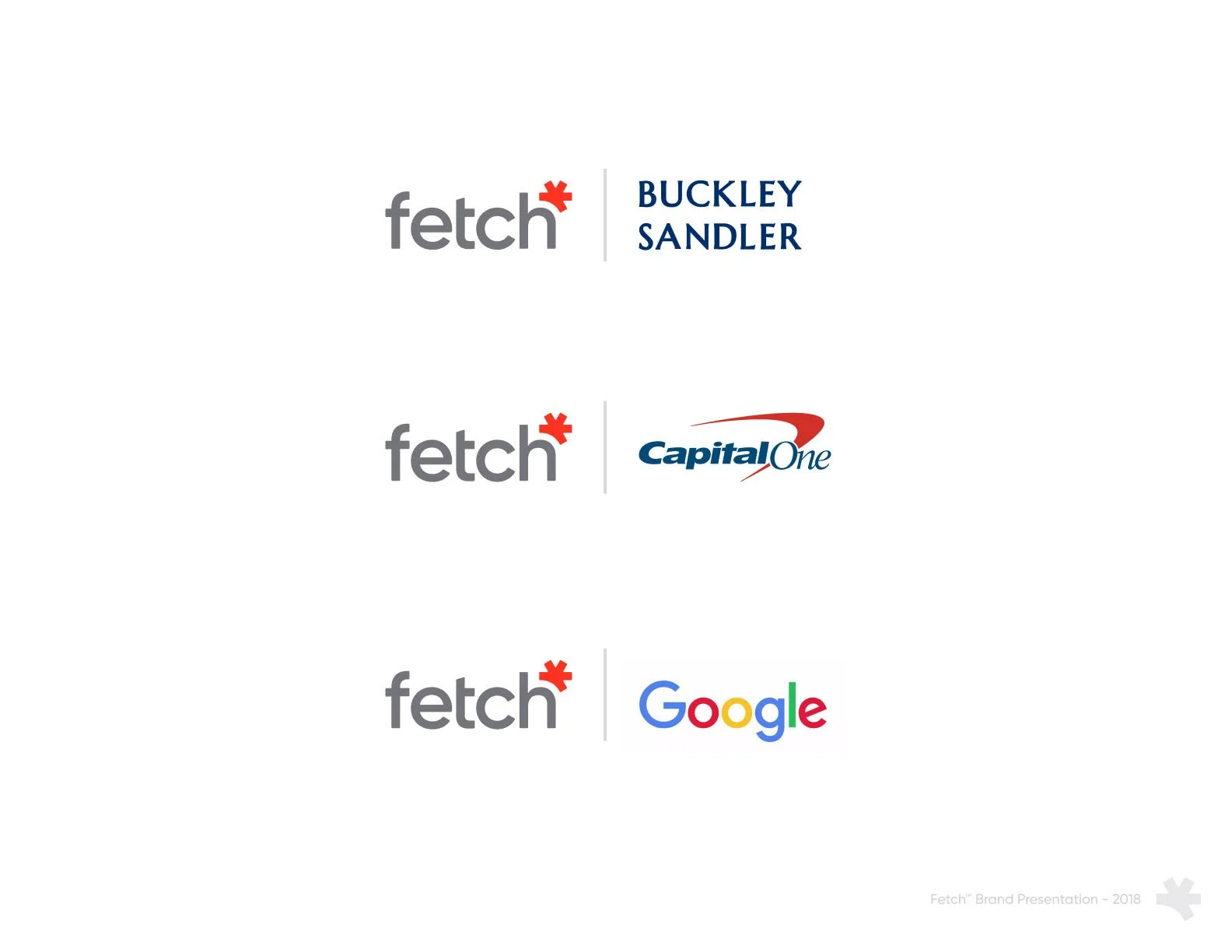 A presentation slide displaying three rows of logos: fetch with Buckley Sandler, fetch with Capital One, and fetch with Google, indicating partnerships and collaborations.