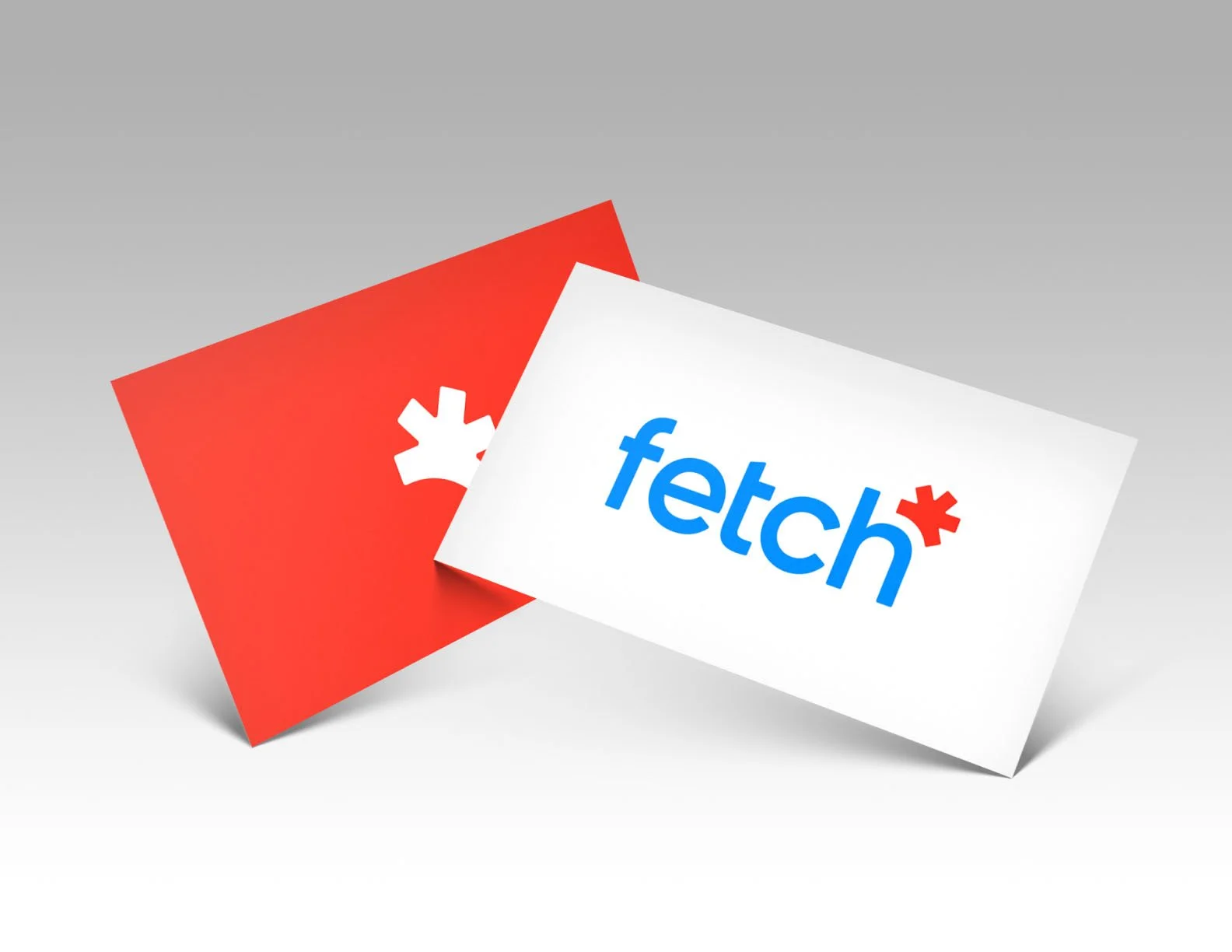 Business cards with logos of Fetch with respective icons, placed against a neutral background.
