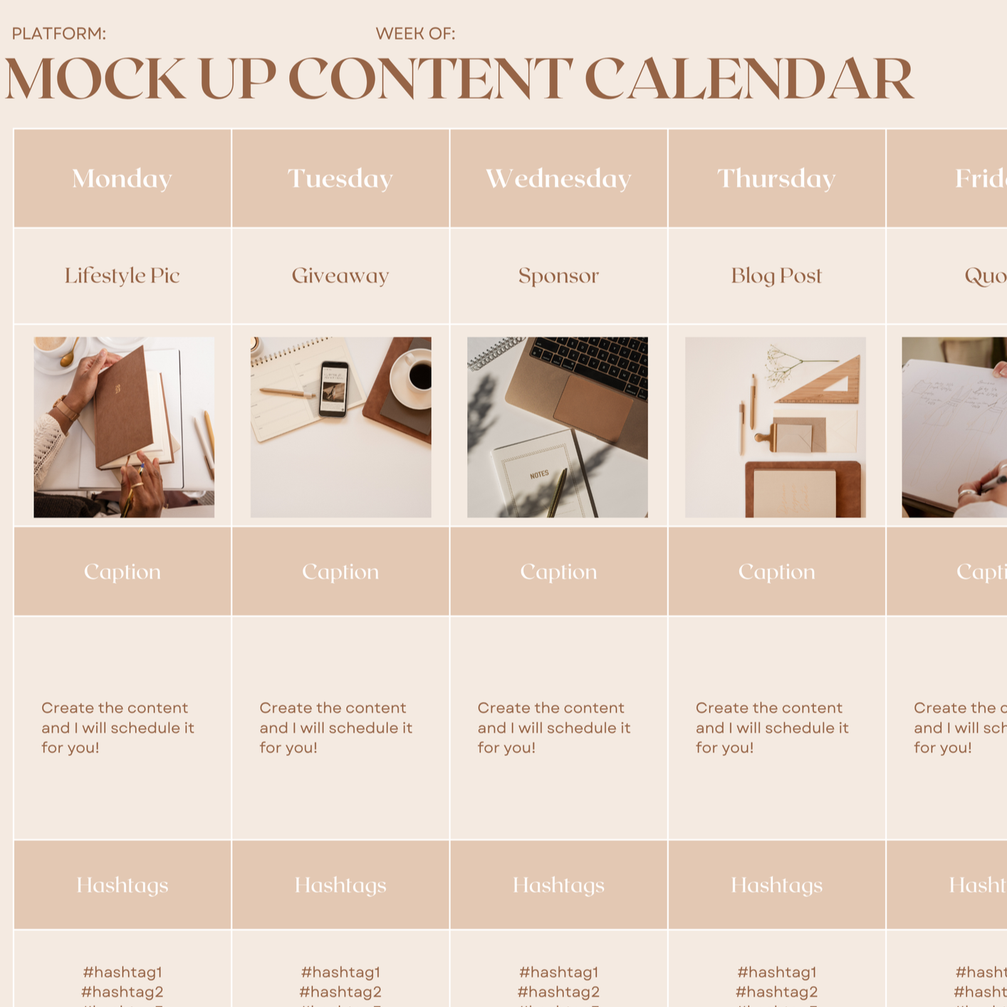 A mockup content calendar that we use so that our clients stay organized.