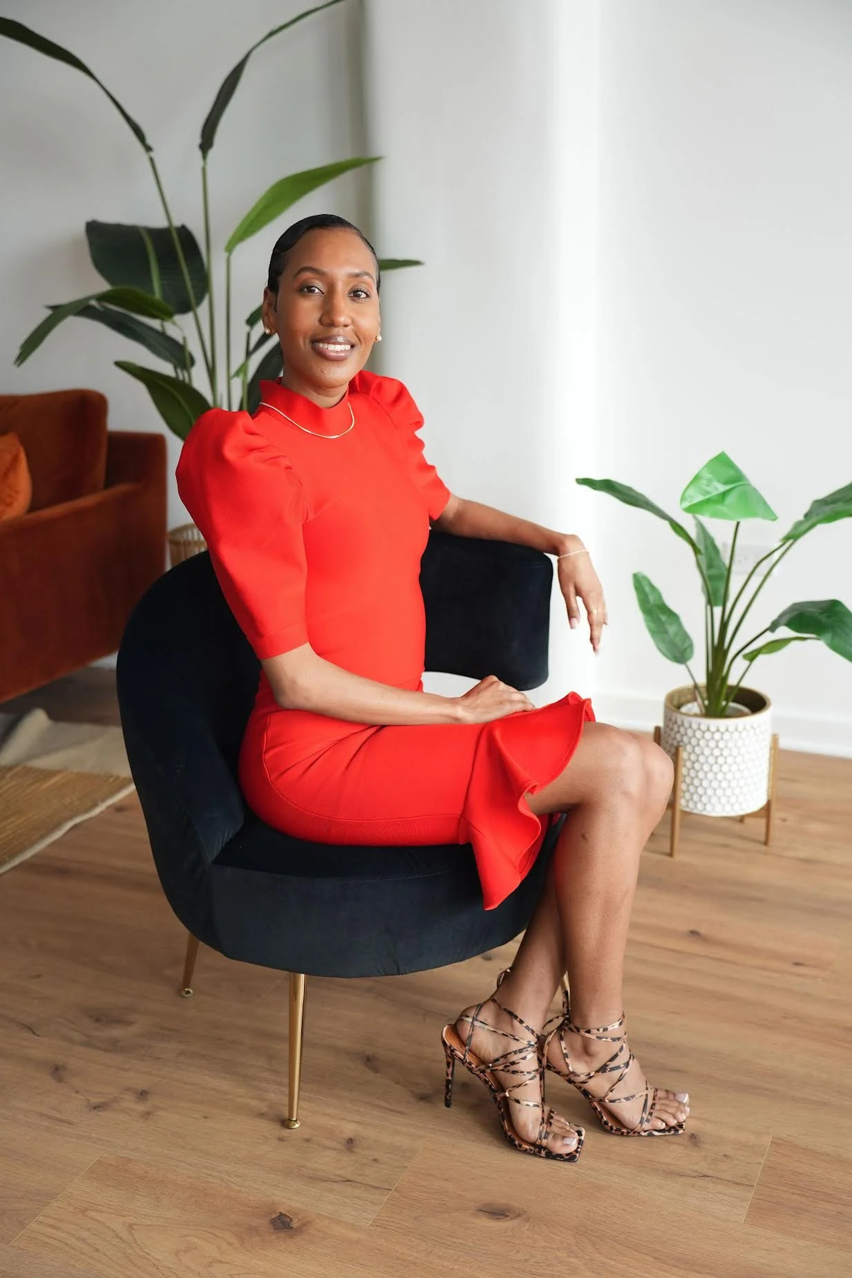 business woman in a red dress