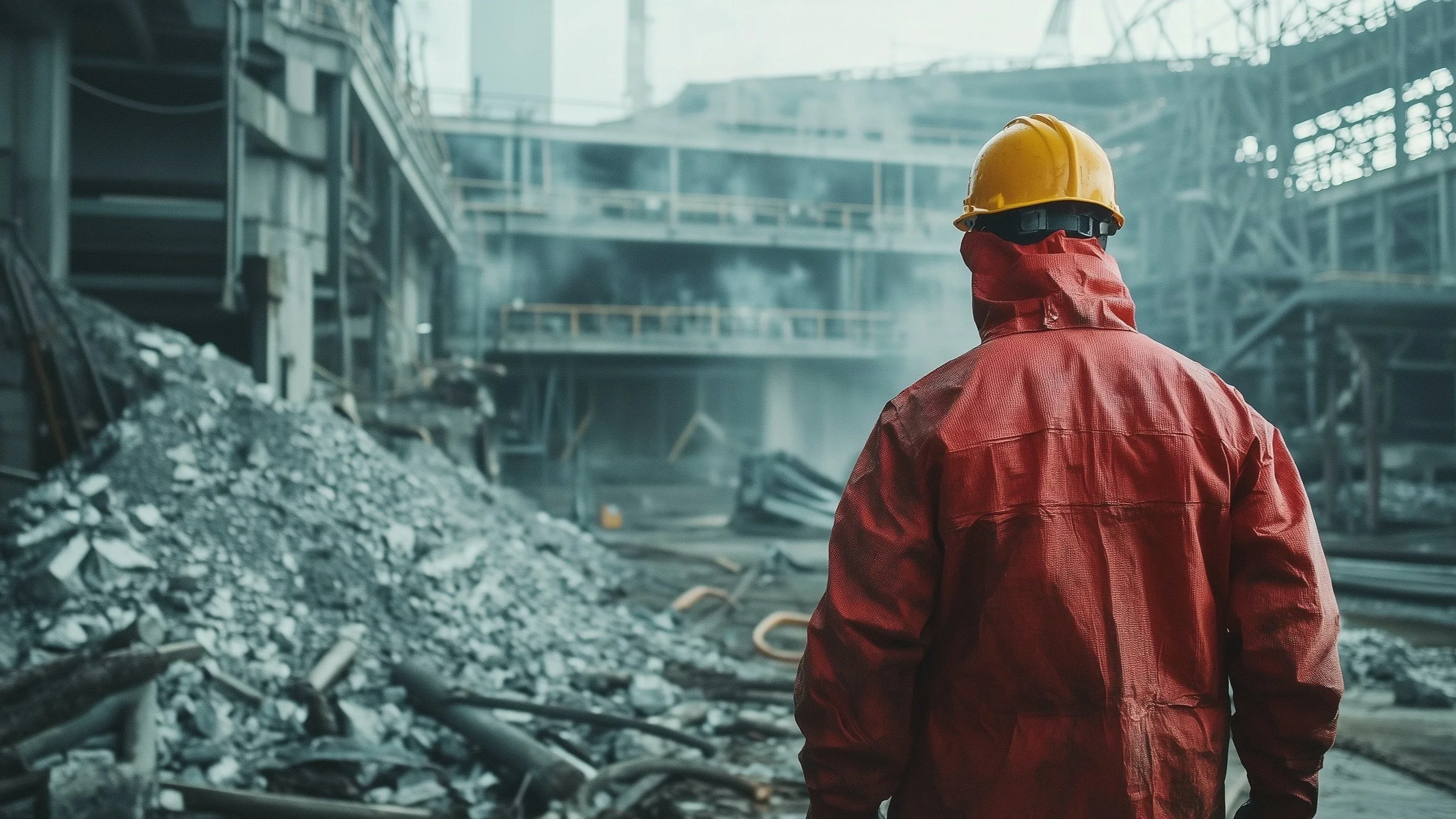 Bergmann in roter Schutzkleidung und gelbem Helm in einer Industriestätte mit Trümmern und Steinen