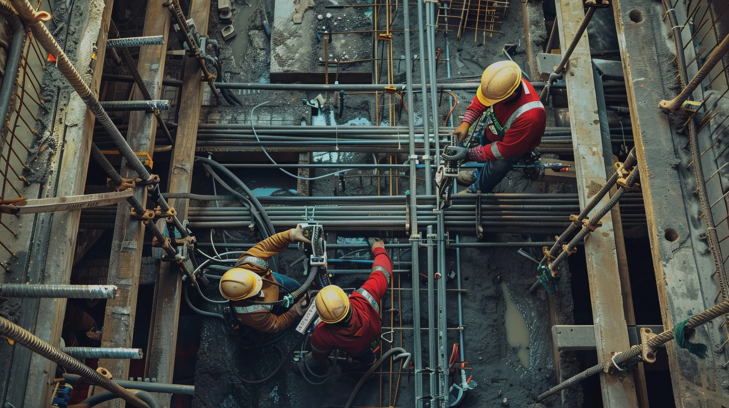 Drei Bauarbeiter in Helmen und Warnwesten arbeiten auf einer Baustelle und verbinden Kabel in einem tiefen Graben.