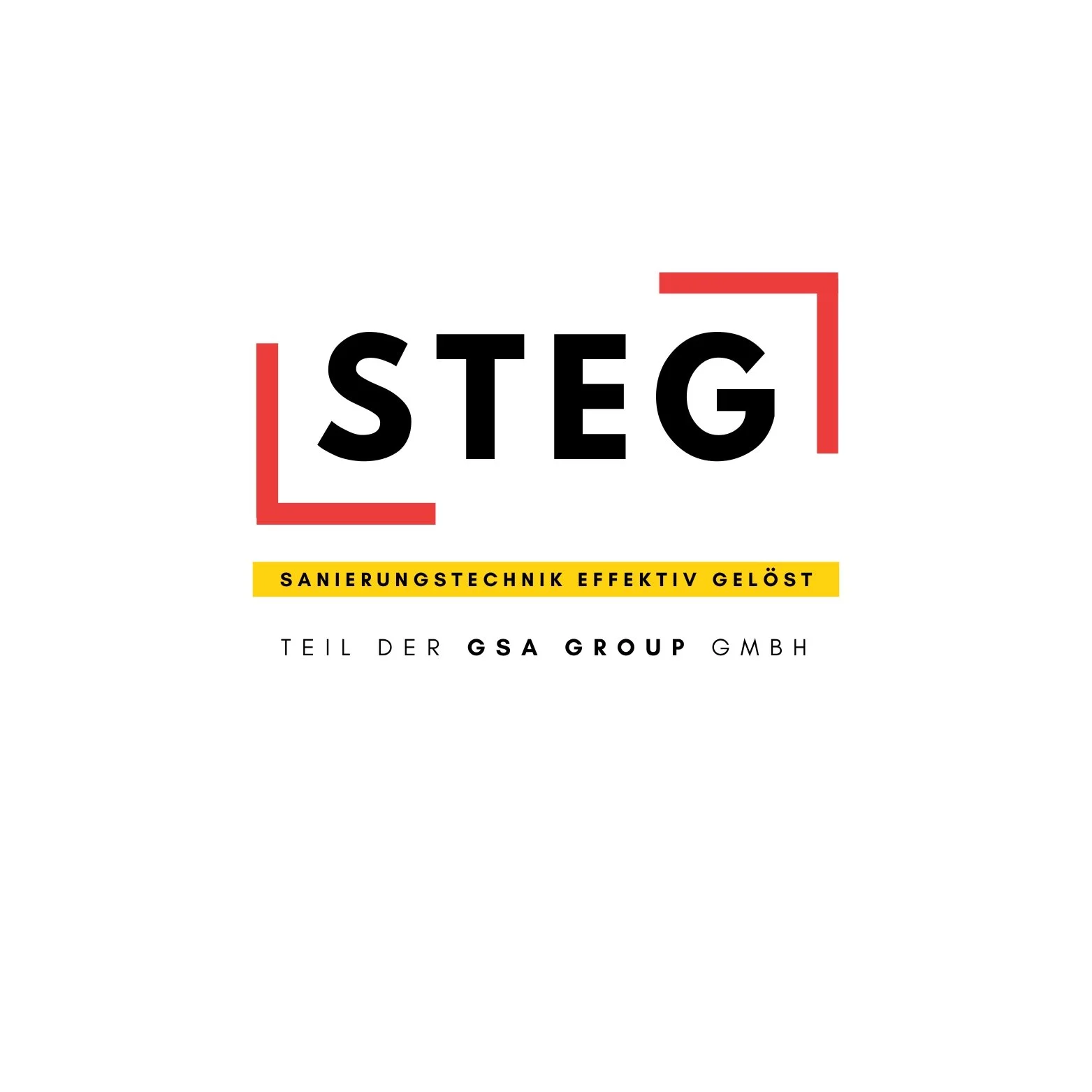 Logo mit dem Text 'STEG', umgeben von roten Ecken, darunter eine gelbe Leiste mit schwarzem Text, und einer kleineren Zeile mit schwarzen Buchstaben.