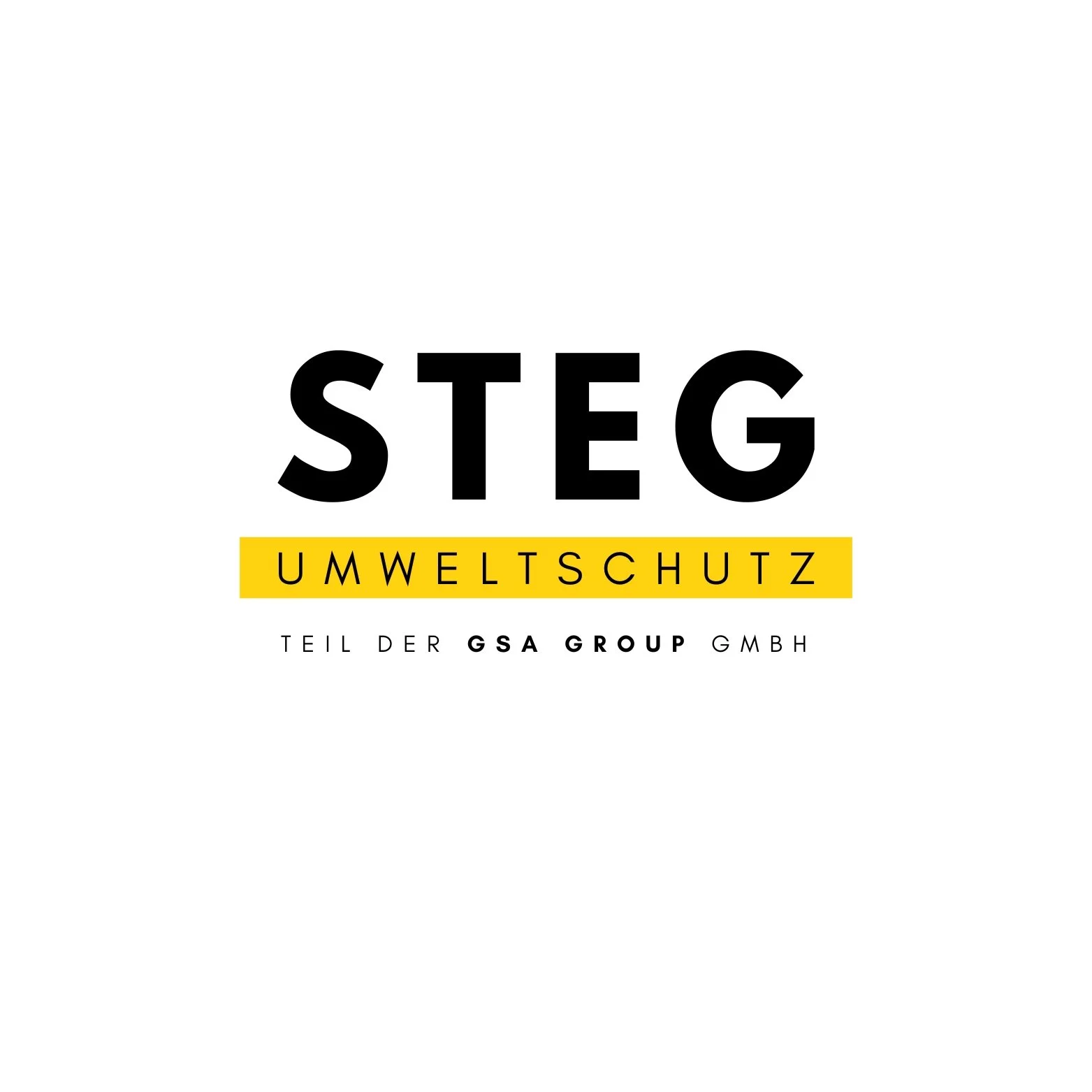 LOGO mit dem Text 'STEG UMWELTSCHUTZ' in schwarz und gelb, darunter in kleiner Schrift 'Teil der GSA Group GmbH'.