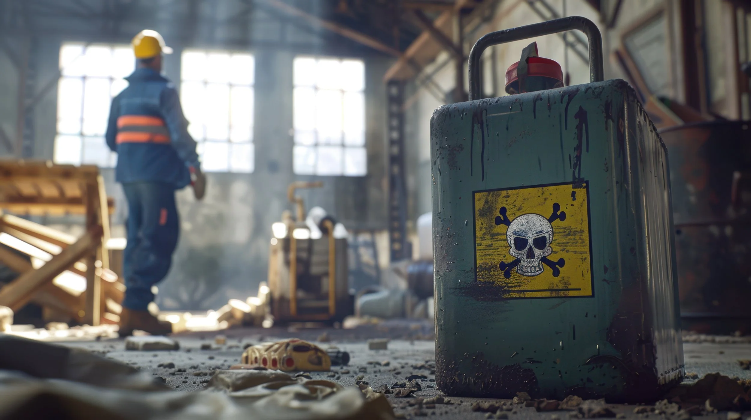 Ein Metallbehälter mit einem Schädel und Quellenschriftzug, in einem vernachlässigten Industriegebäude, umgeben von Staub und Müll, mit einem Arbeiter im Hintergrund.