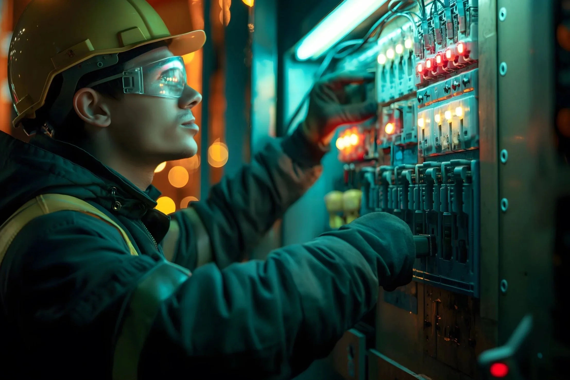 Ein Techniker in Schutzhelm und -brille, der an einem Steuerpult mit vielen leuchtenden Diagrammen arbeitet.