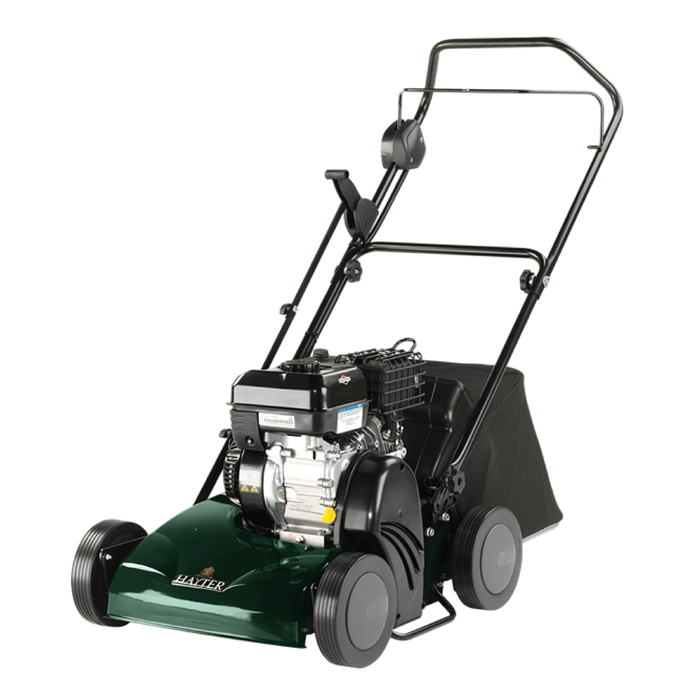 Green and black gas-powered lawn mower with four wheels, a handle, and a protective cover.