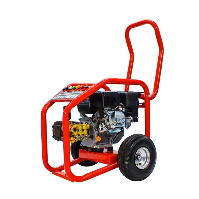 Portable generator with a red frame, black engine, yellow parts, and large black wheels, pressure washer hire in chepstow, newport, usk, caldicot