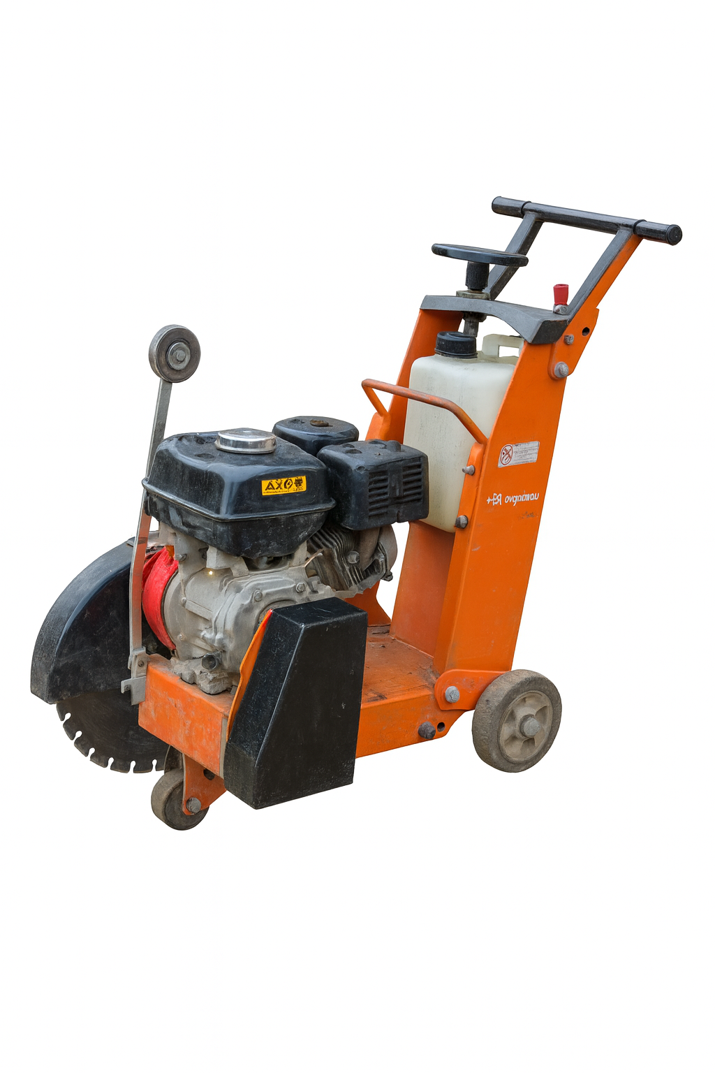 A handheld floor saw with an orange frame, a black engine, and a circular blade, used for cutting concrete or asphalt.