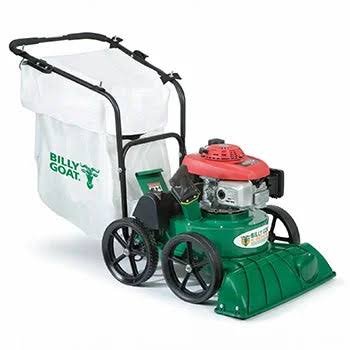 A Billy Goat brand lawn vacuum with a red engine, green body, black wheels, and a white collection bag.