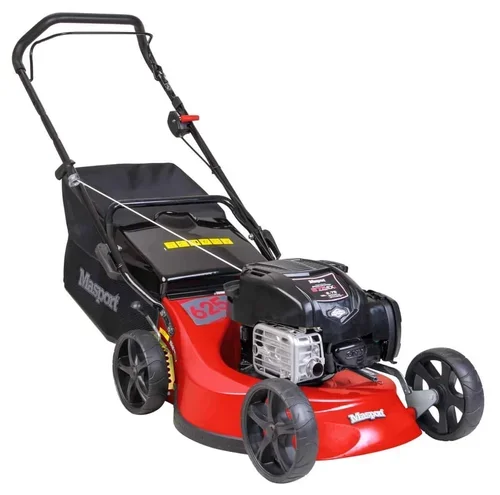 A red and black walk-behind lawn mower with four wheels, a handlebar, and a motor.