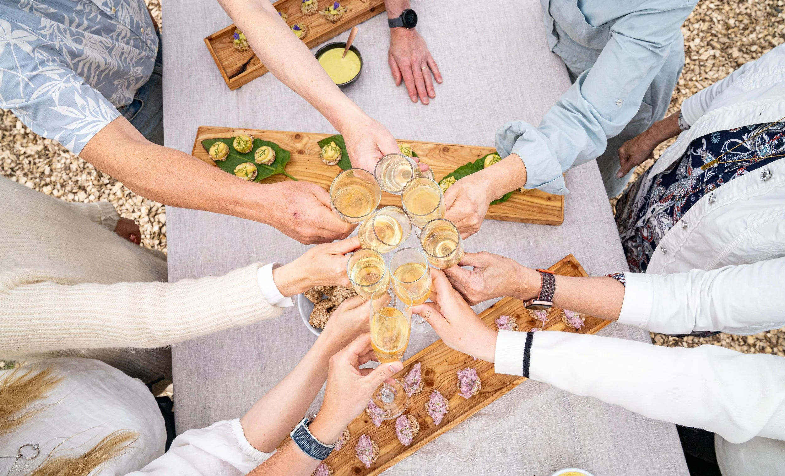 People clinking glasses of champagne or white wine during a celebration gathering around a table with appetizers on wooden serving trays.