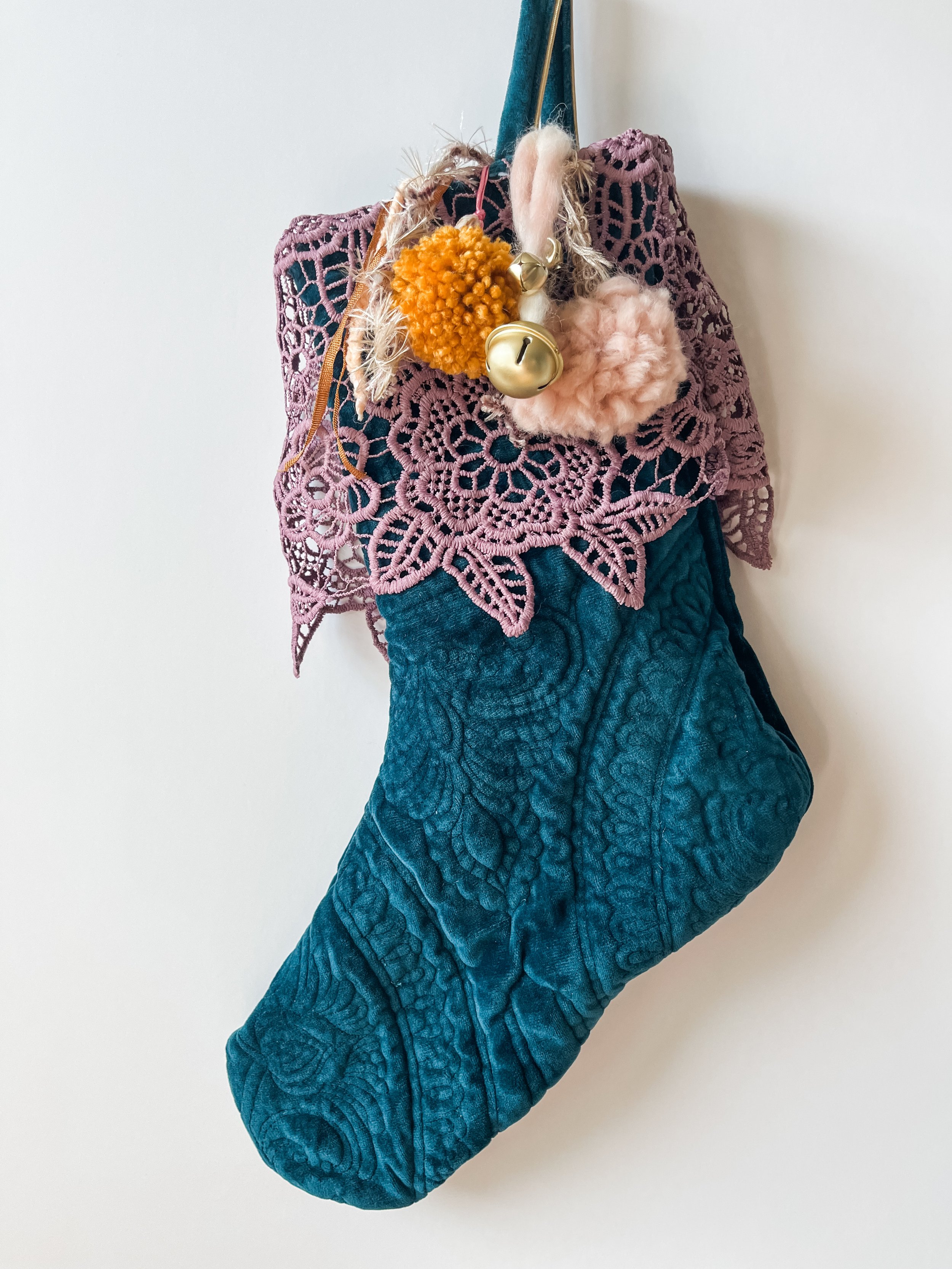 Velvet Stocking with yarn Pom - one of a kind