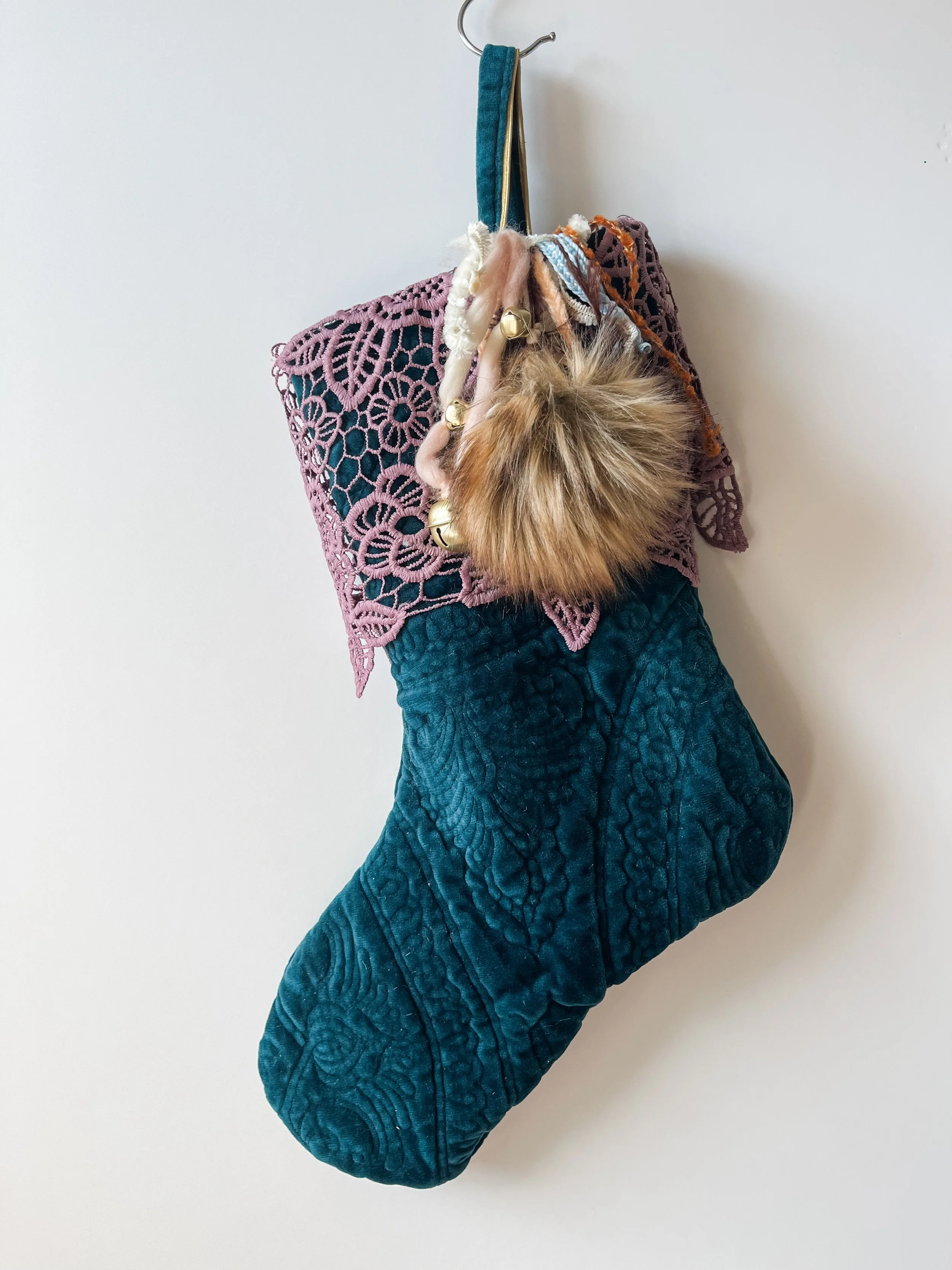 Velvet Stocking with Fur Pom - one of a kind