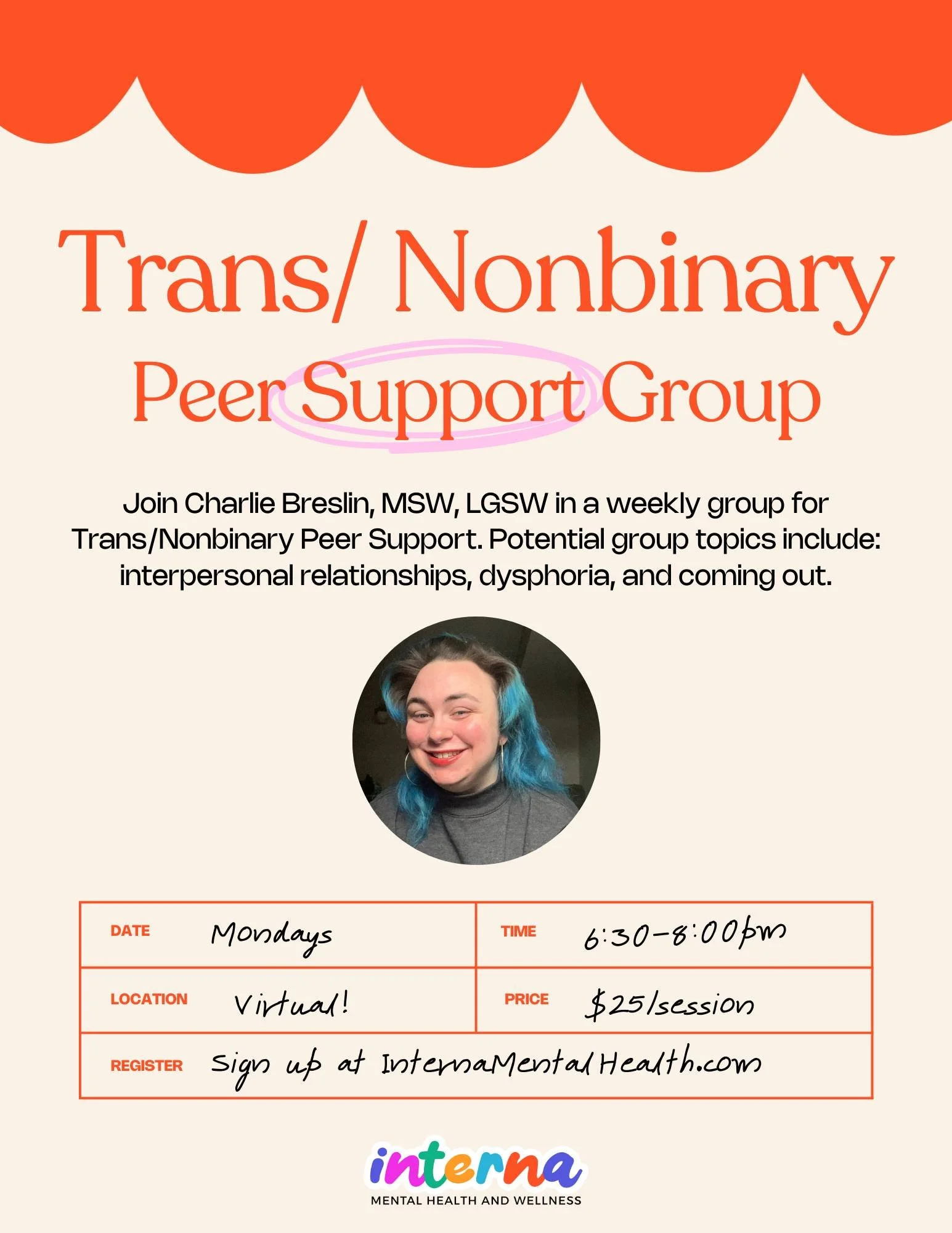 Our next Trans/Nonbinary Peer Support Group starts October 13th.
It&rsquo;s an 8-week virtual group (Mondays, 6:30&ndash;8pm) led by Charlie Breslin.

We&rsquo;ll talk about things like dysphoria, coming out, relationships, and anything else the grou