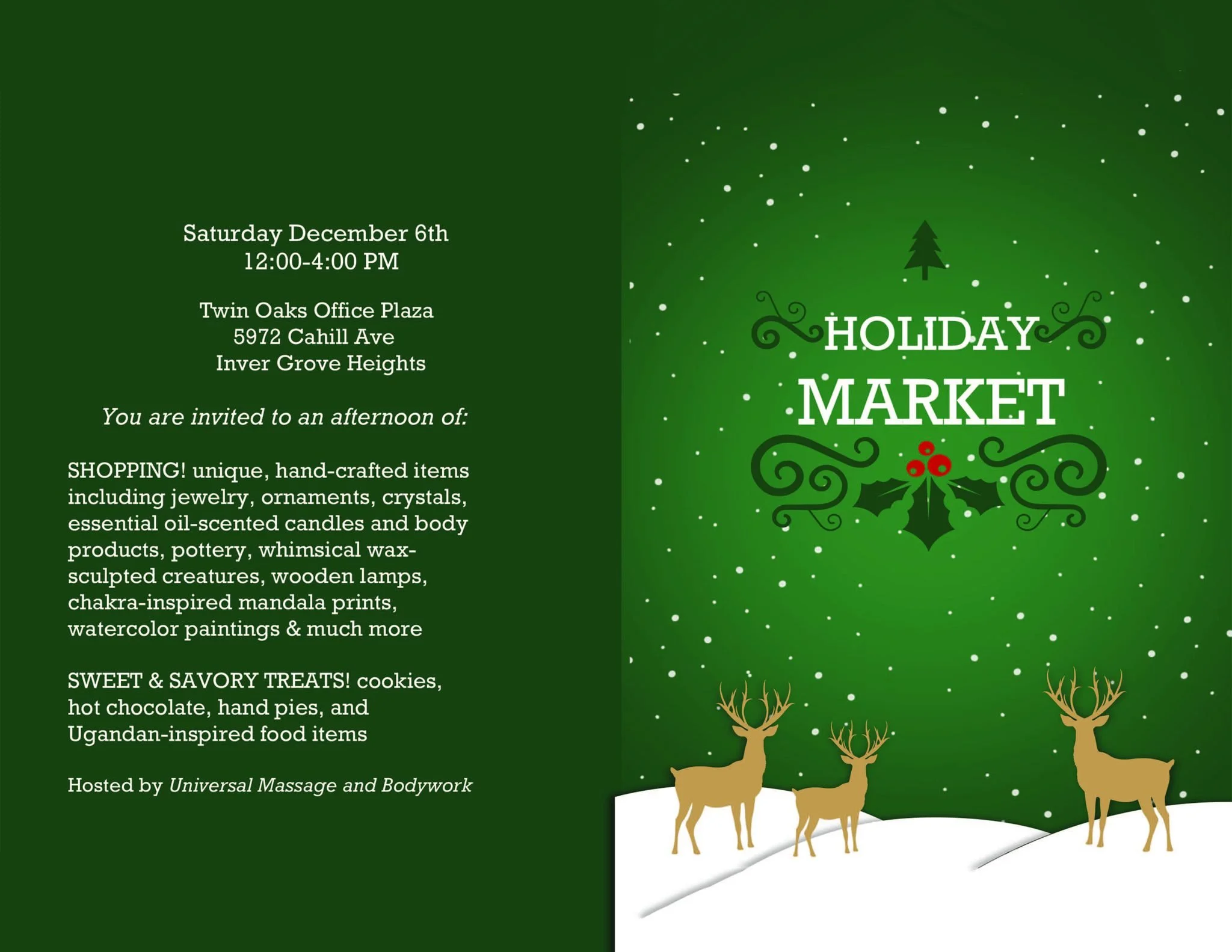 If you weren't able to attend our open house last spring at our Inver Grove Heights Office, come see us this weekend. There is a holiday market in the Twin Oaks Office Plaza and we are opening our space for the market and for you all to come check ou