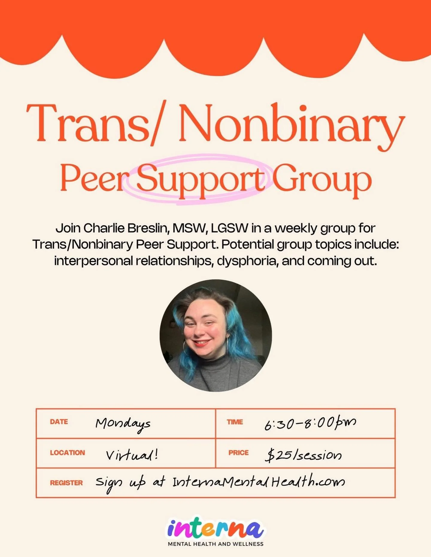 Last week to join our trans/non binary support group. Starts March 16th virtually! Charlie is pretty awesome and will be working with the group on things like coming out, dysphoria, community building, boundaries and a whole lot more of what the grou