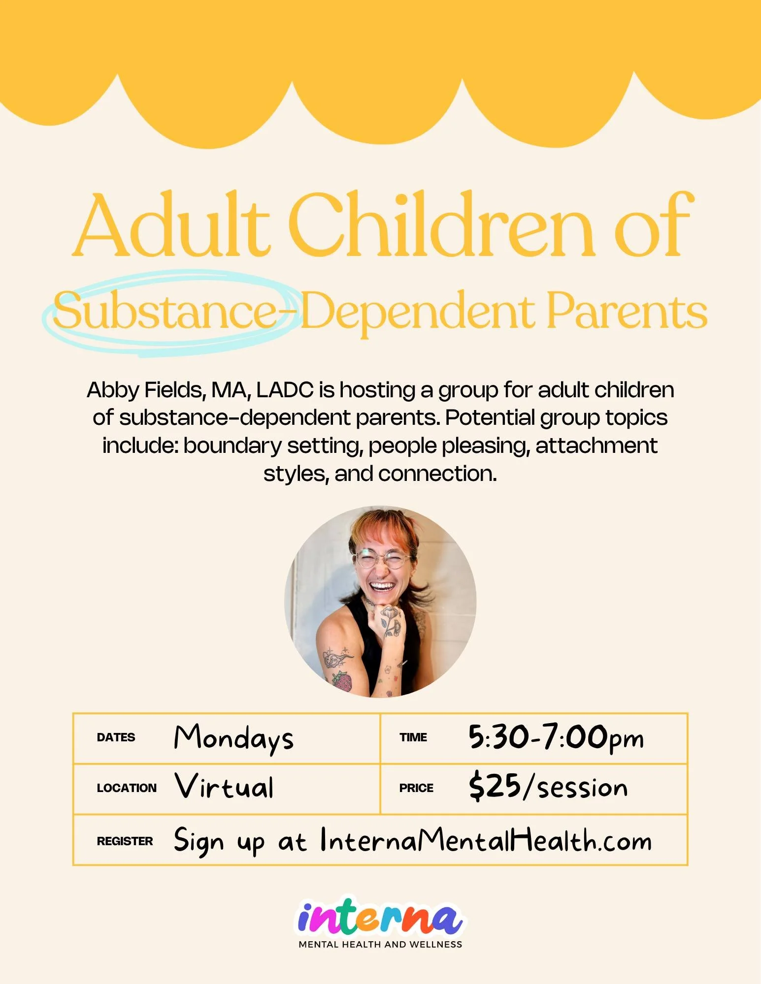 Only a few more weeks left to join our Adult Children of Substance-Dependent Parents Group! Abby has been running this group for the past few years and brings training in drug and alcohol counseling to the space. The group explores topics like attach