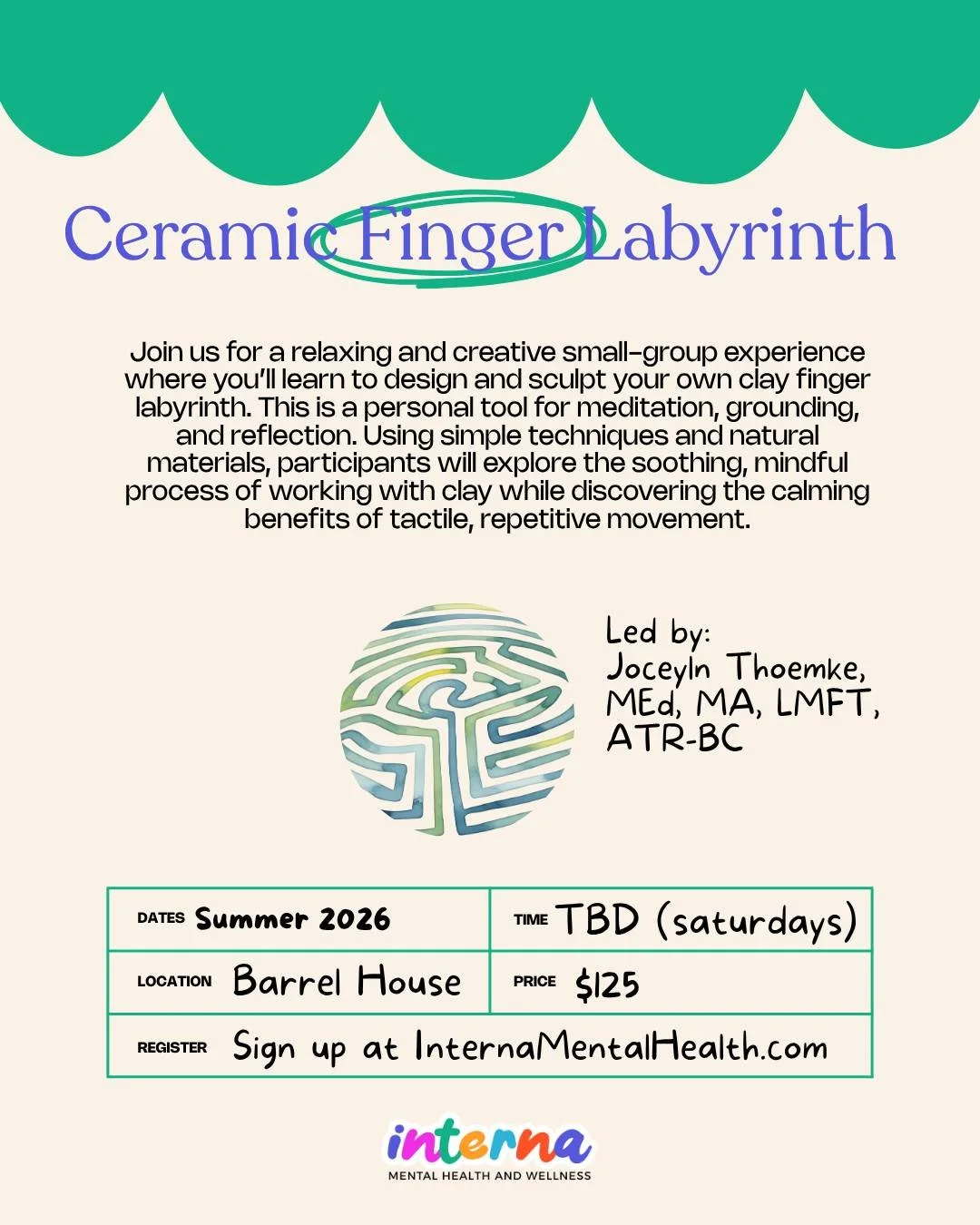 Looking for a little extra zen this summer? Join us for some creativity, community, and mindfulness! 

This isn&rsquo;t your average therapy group. Participants will create their own ceramic finger labyrinth while exploring mindfulness, grounding, an
