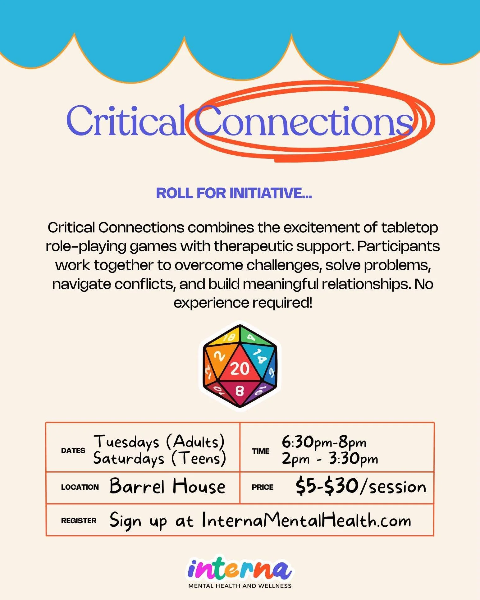 Ready to level up with Critical Connections?

Join Jackson, MSW, LICSW as they lead you through an epic adventure of table-top excitement! Work as a team to overcome challenges, solve problems, navigate conflicts, and build meaningful relationships. 