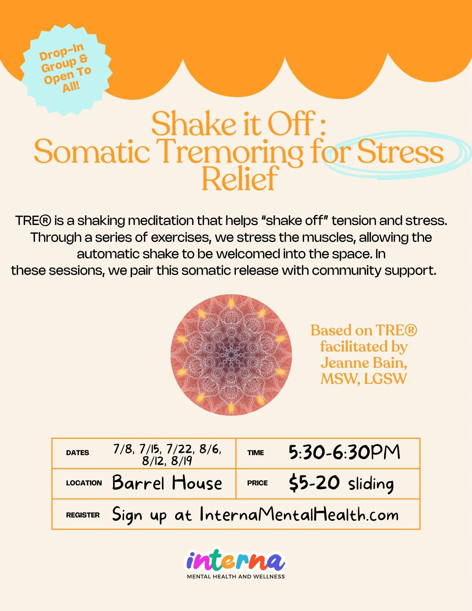 Your body has been holding a lot. 

Come shake some of it loose with us.

Shake it Off is a drop-in community group where we use TRE&reg; (Tension &amp; Trauma Releasing Exercises) to help the body release stress through natural tremoring. No meditat