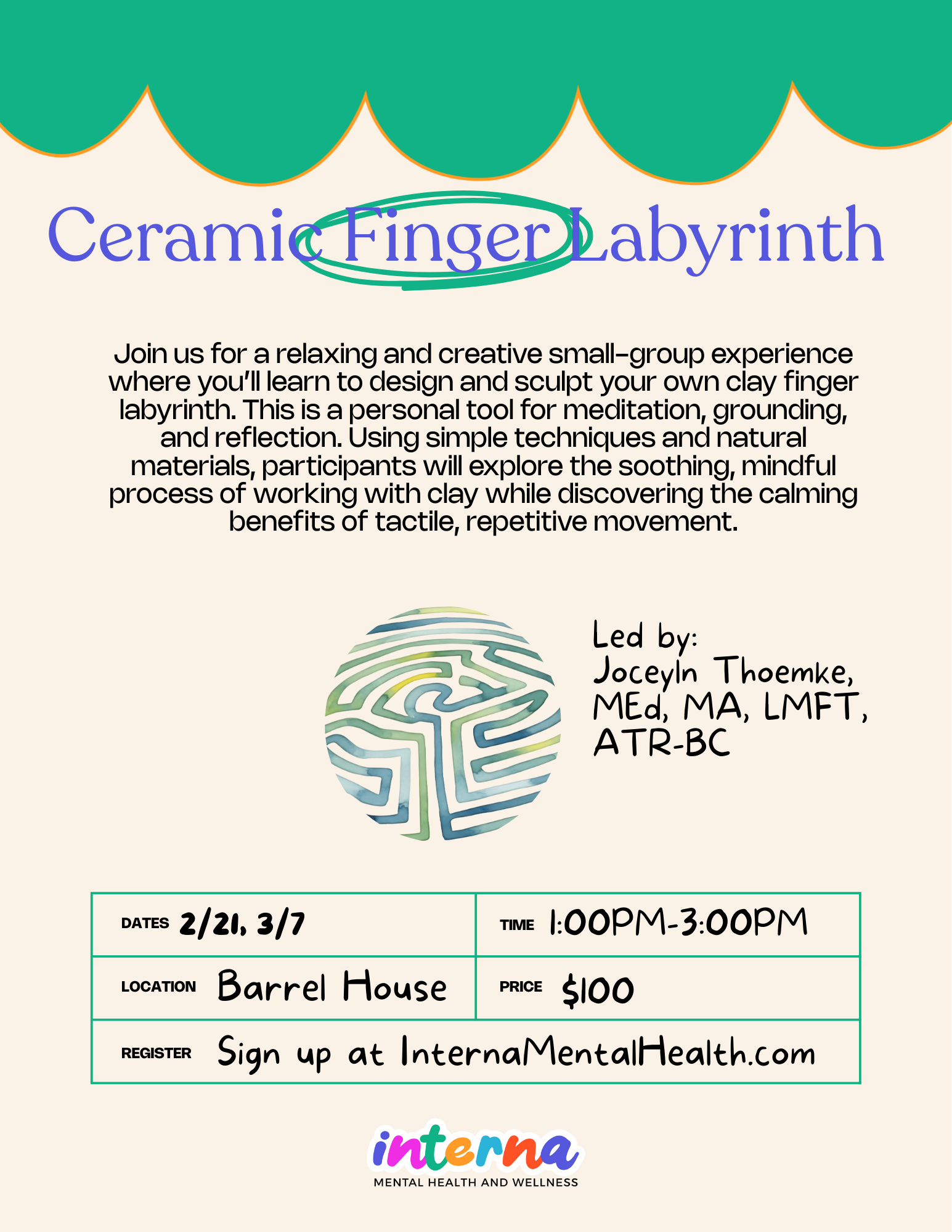 Flyer for a ceramic finger labyrinth workshop, with event details, led by Jocelyn Thoemke, including date, time, location, price, and registration information.