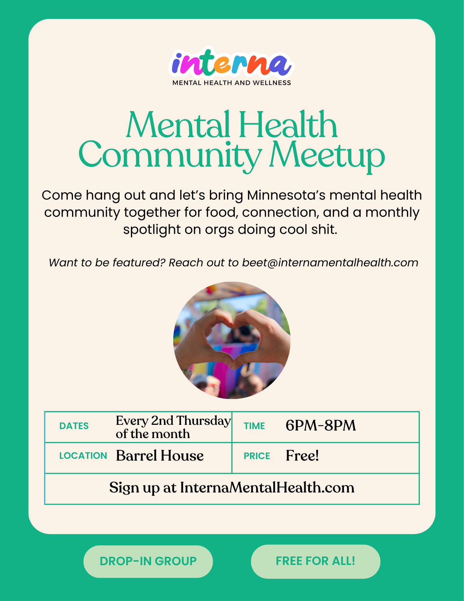 Monthly Mental Health Community Meetup (inperson) (dropin)