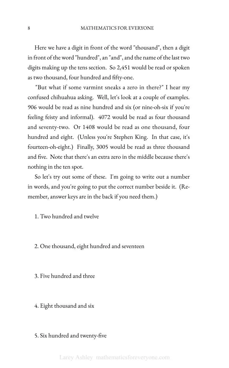Page from a book titled "Mathematics for Everyone" explaining how to read numbers aloud, with examples of numbers written out in words.