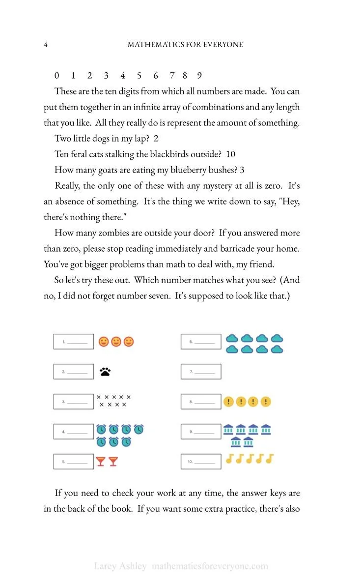 Page from a math workbook titled 'Mathematics for Everyone', showing ten numbered math problems with pictures of objects like cookies, paw prints, clocks, building columns, and musical notes for kids to match with numbers, along with instructions and a note about answer keys.