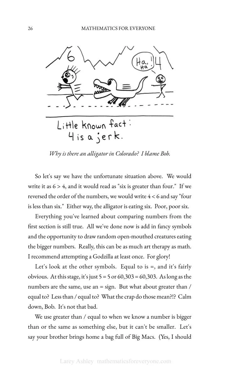 A page from a math book with a humorous cartoon of two children and an alligator in Colorado, with a handwritten note saying 'Little known fact: 4 is a jerk.' The cartoon includes the alligator with sharp teeth and a child saying 'Ha...'
