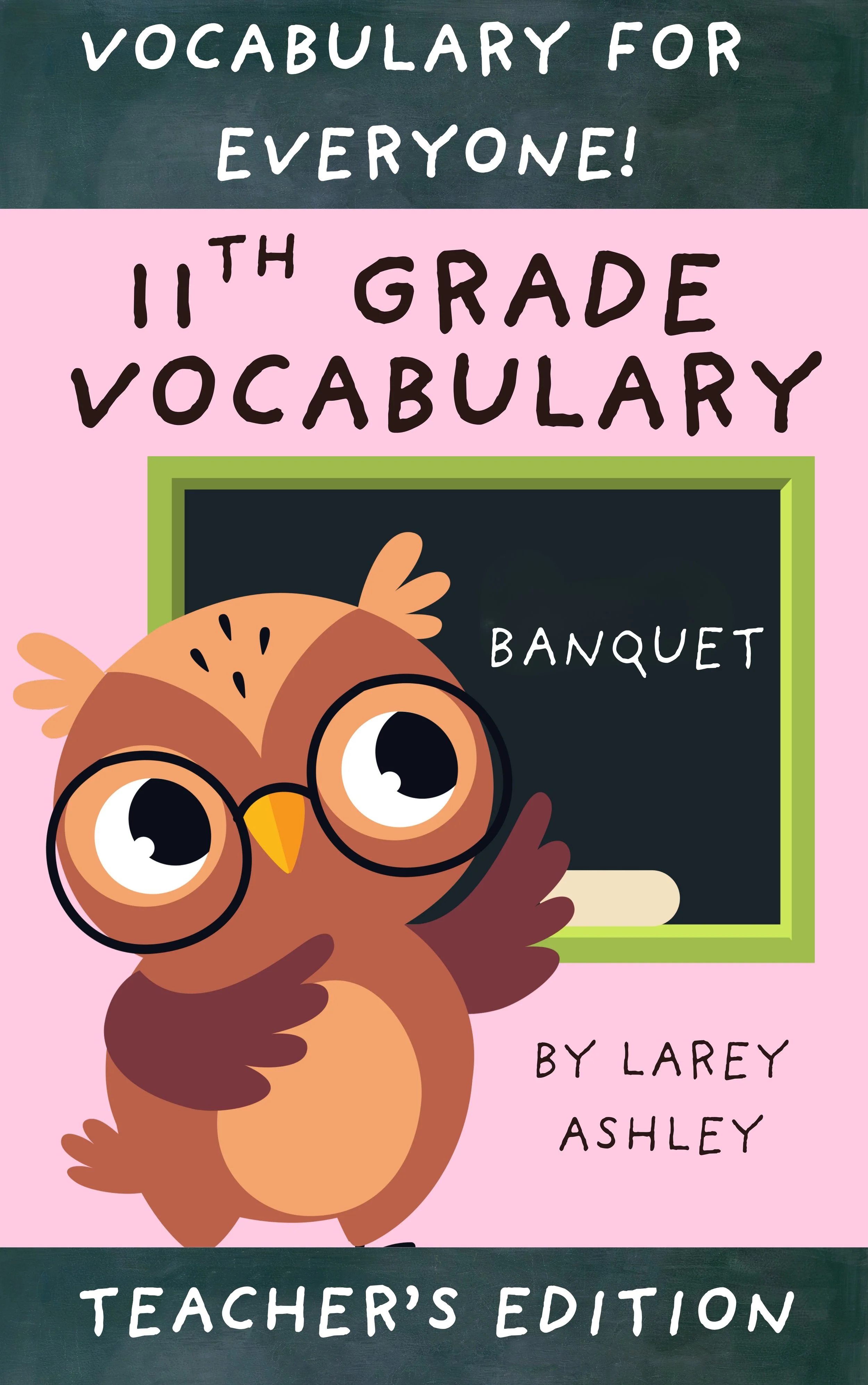 Cover of a vocabulary book titled 'Vocabulary for Everyone! 11th Grade Vocabulary' with an owl wearing glasses and pointing to a chalkboard with 'Banquet' written on it. The cover is pink with green and dark accents.