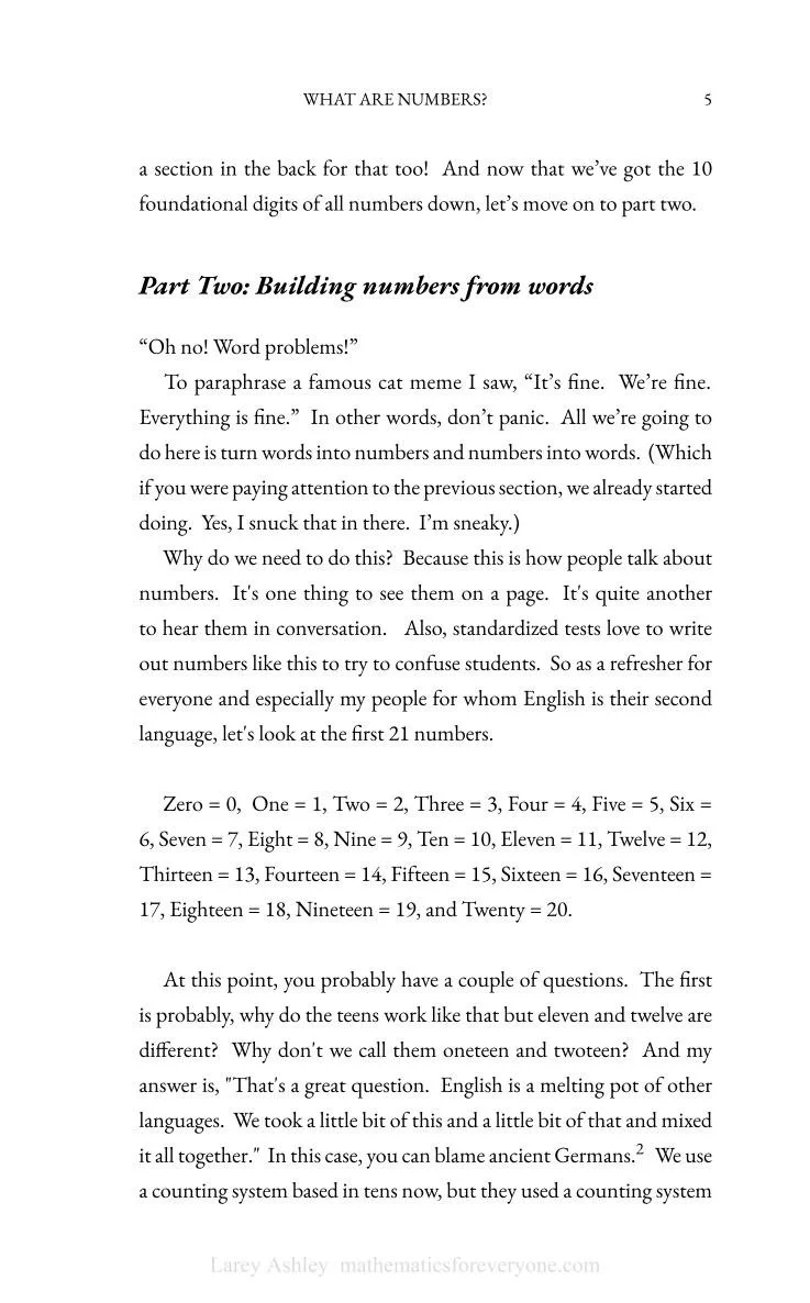 Page from a book titled 'What Are Numbers?' focusing on building numbers from words with examples from zero to twenty.