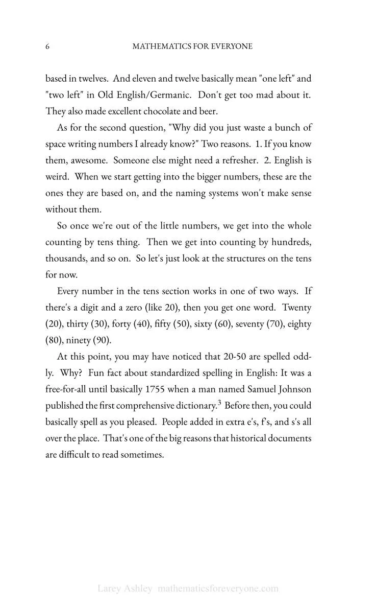 Page of a book titled 'Mathematics for Everyone' discussing Indian numerals, counting by tens and hundreds, and spelling conventions in English.