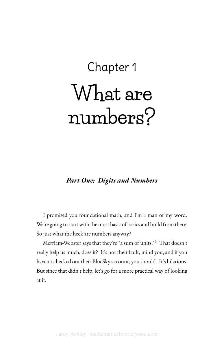 Chapter title page saying "Chapter 1: What are numbers?" from a math book, with a subtitle "Part One: Digits and Numbers" and a humorous introductory paragraph about basic math concepts.