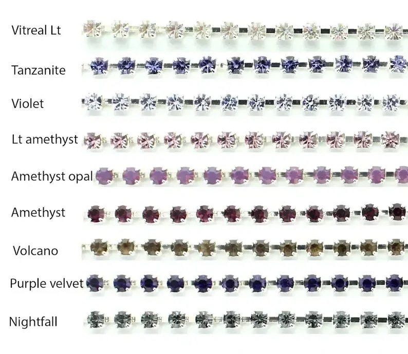 Comparison chart of various gemstones and their colors, including Vitreal Lt, Tanzanite, Violet, Lt amethyst, Amethyst opal, Amethyst, Volcano, Purple velvet, and Nightfall