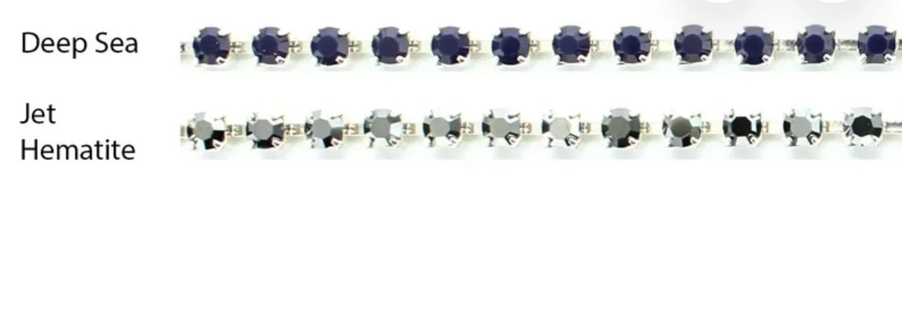 Close-up of two rows of gemstones, with the top row labeled "Deep Sea" containing dark blue stones and the bottom row labeled "Jet Hematite" containing black and gray stones.