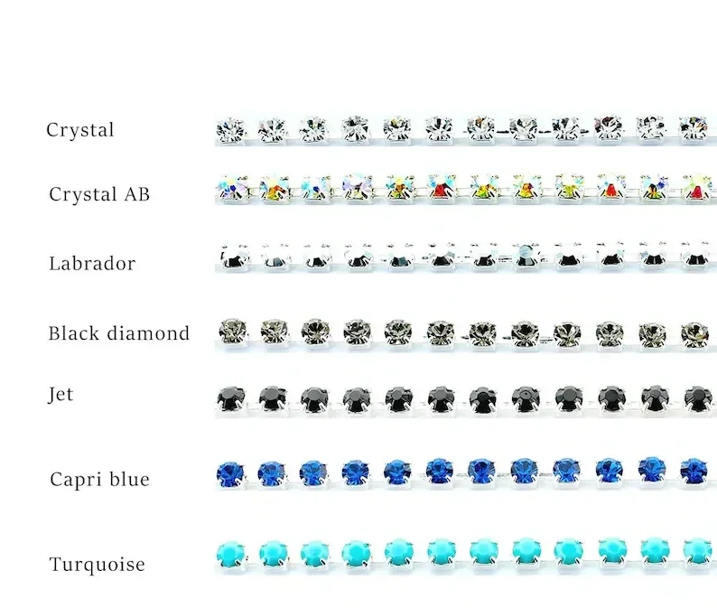A chart displaying different types of gemstone rings with rows labeled: Crystal, Crystal AB, Labrador, Black diamond, Jet, Capri blue, Turquoise. Each row shows multiple rings with stones in corresponding colors.