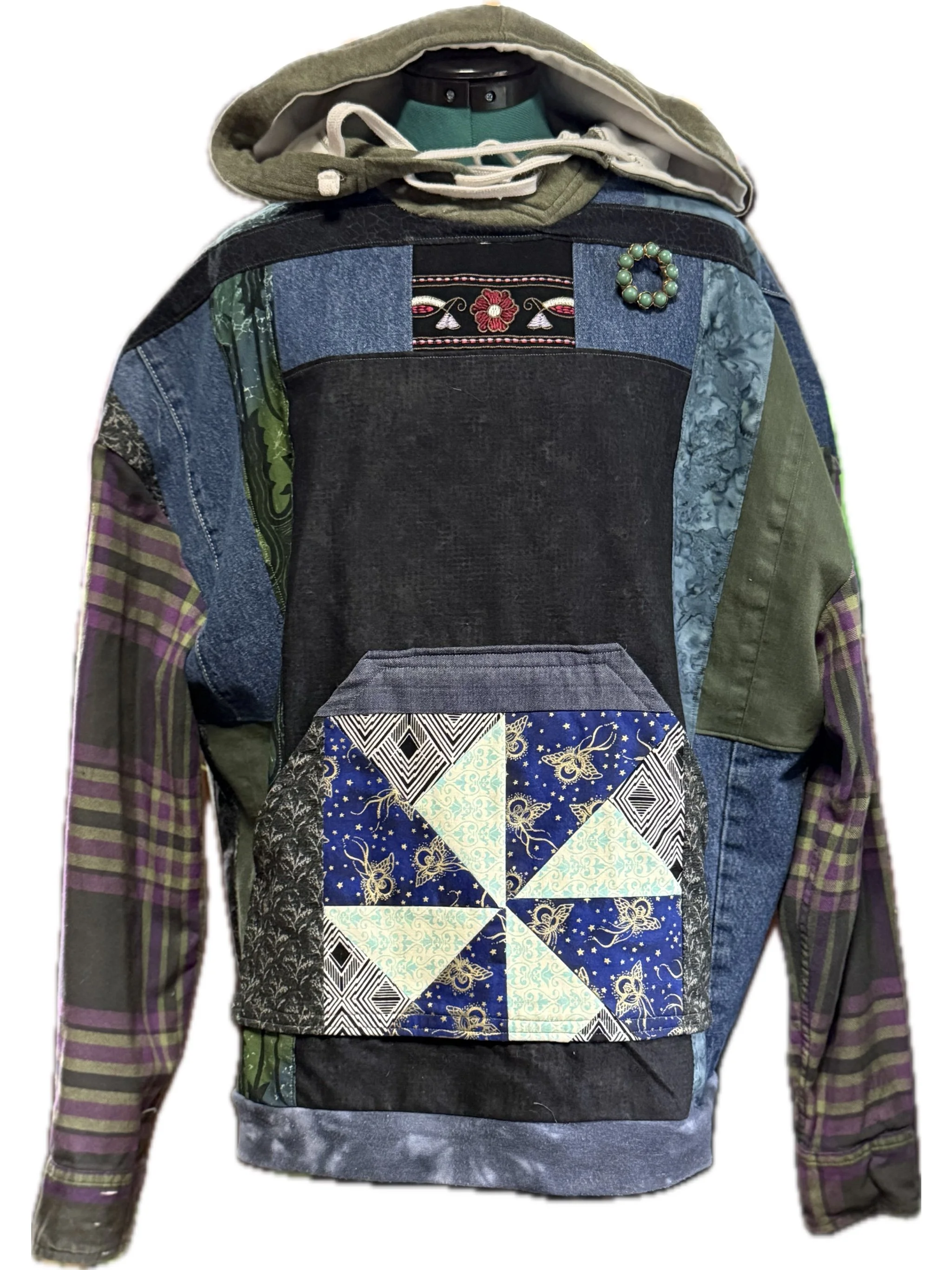 Upcycled Denim Patchwork Oversized Hoodie, Brooch Included! - Sz LG